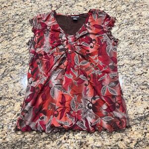 Robert Louis Red Brown Leaf Print Mesh V-Neck Sleeveless Top L Lettuce Edge